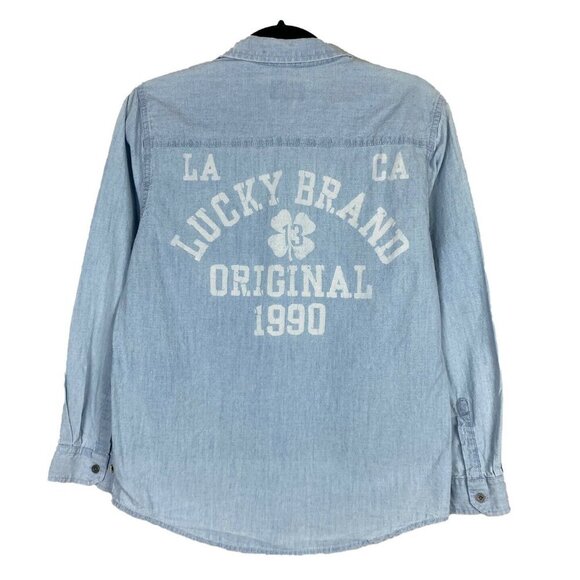 Lucky Brand Boy's Blue Chambray Shirt Button Up Light Wash Spellout Boys Large - Picture 1 of 9